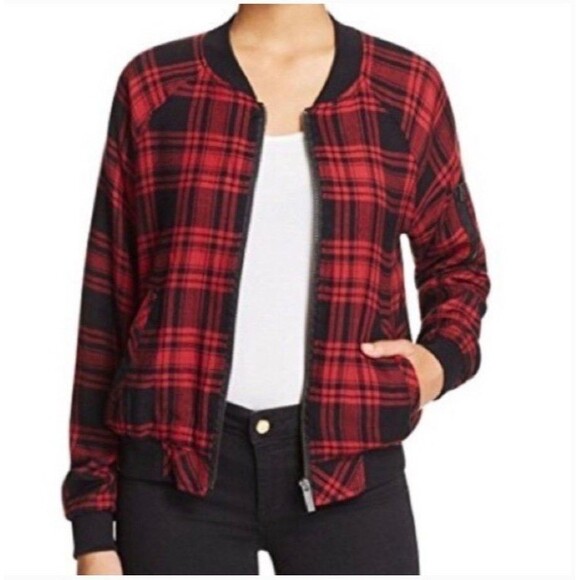 Sanctuary Dylan Plaid Bomber Jacket Utility Jacket Red Black Sz L - Picture 1 of 8